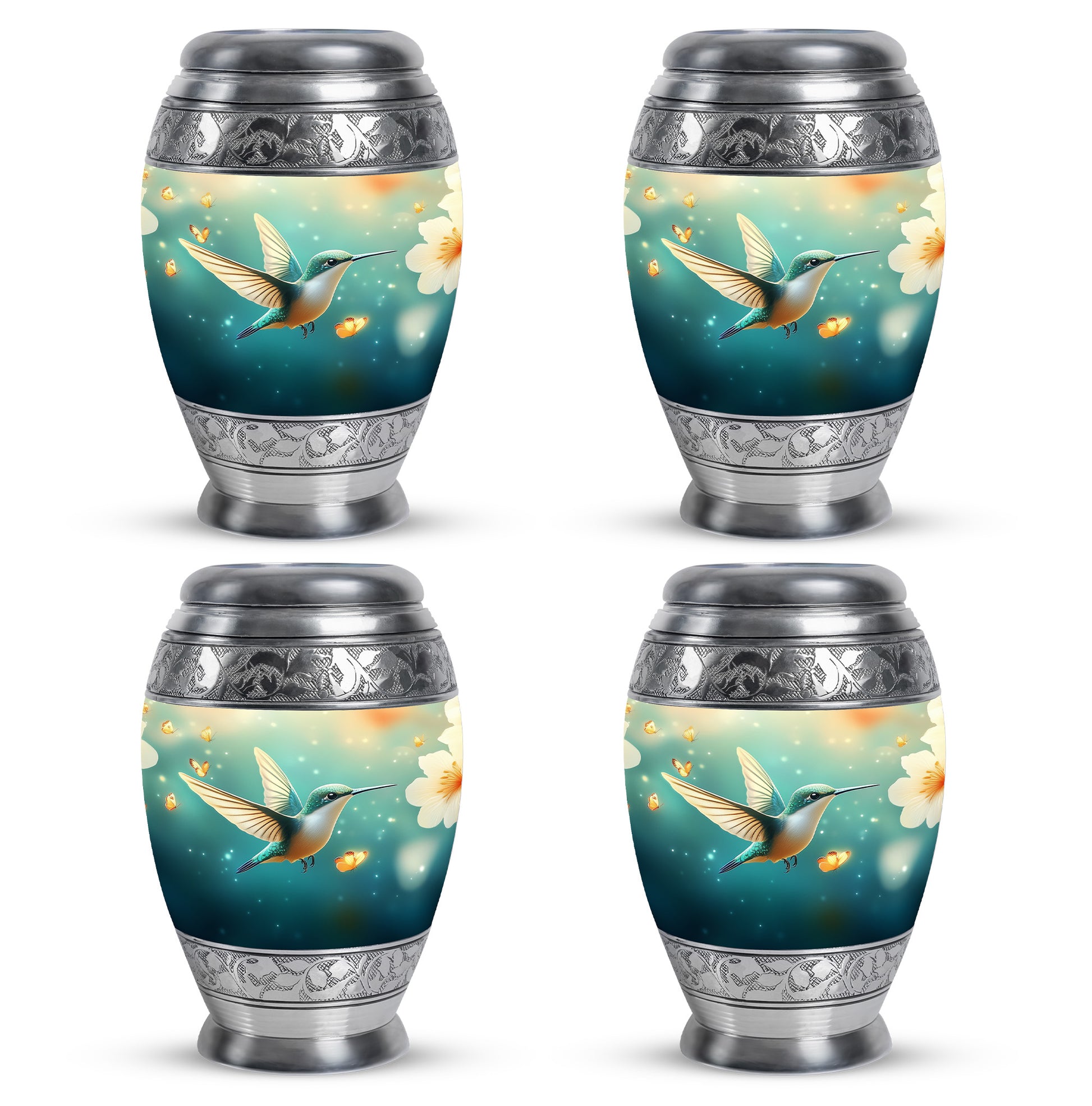Deep Teal Hummingbird Cremation Urn urn with complimentary velvet bag - royal hummingbird engraving with decorative scrollwork - 10 inch aluminum urn for cremated remains