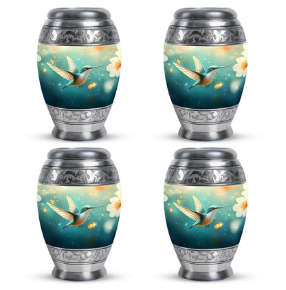 Deep Teal Hummingbird Cremation Urn urn with complimentary velvet bag - royal hummingbird engraving with decorative scrollwork - 10 inch aluminum urn for cremated remains
