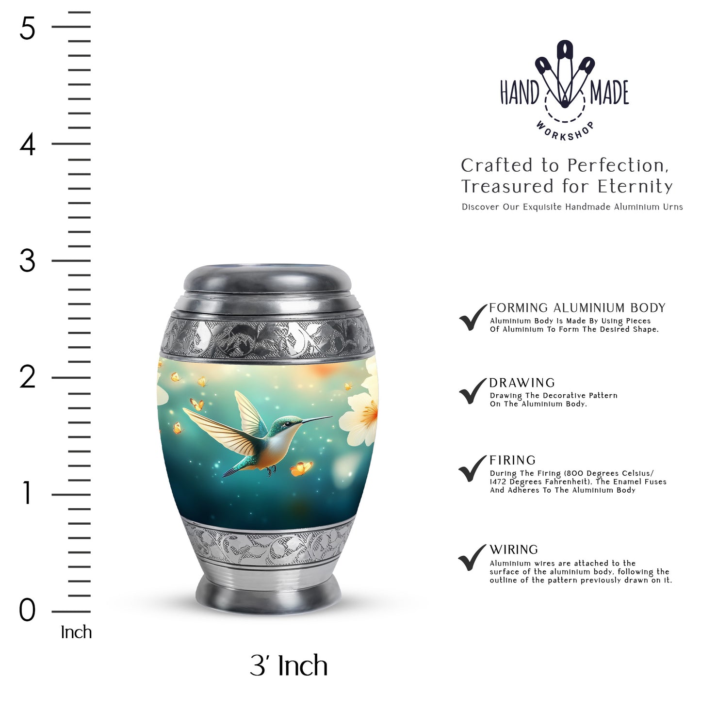 Aqua Teal Hummingbird Cremation Urn lifestyle display on memorial shelf - majestic hummingbird pattern with filigree border - mini keepsake memorial for portion of cremation ashes