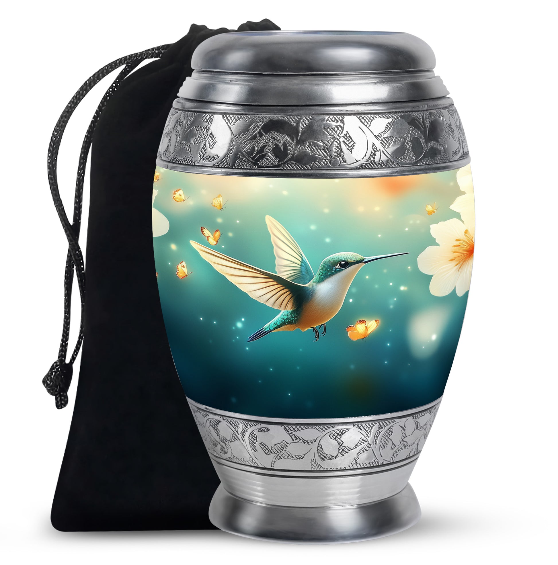 Soft Teal Hummingbird Cremation Urn back view with polished surface - ornate monarch-style hummingbird relief on brushed aluminum - full-size 10 inch 200 cubic inch adult cremation urn