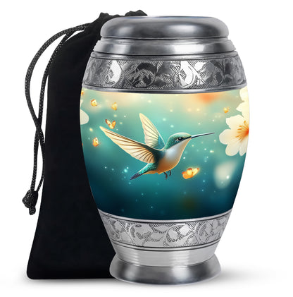 Soft Teal Hummingbird Cremation Urn back view with polished surface - ornate monarch-style hummingbird relief on brushed aluminum - full-size 10 inch 200 cubic inch adult cremation urn