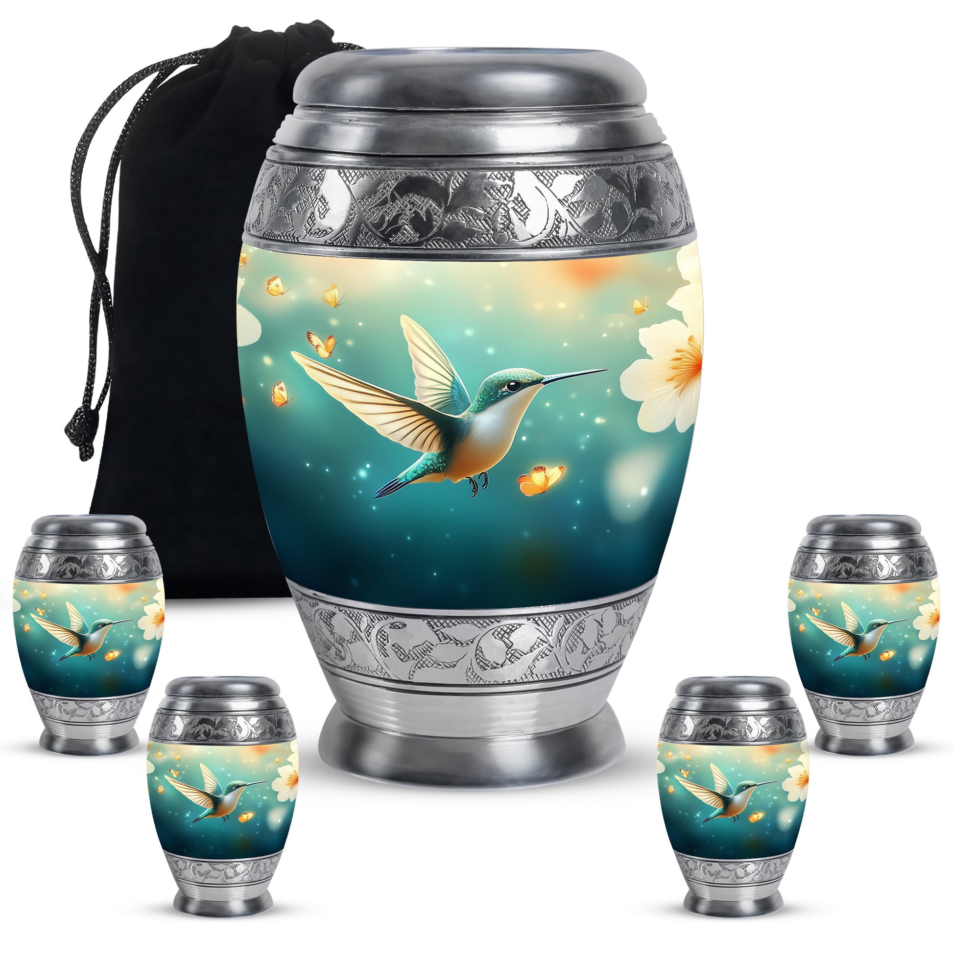 Jewel Teal Hummingbird Cremation Urn detail view - regal hummingbird design with crown-inspired accents - memorial set with one large and four small urns