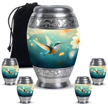 Jewel Teal Hummingbird Cremation Urn detail view - regal hummingbird design with crown-inspired accents - memorial set with one large and four small urns