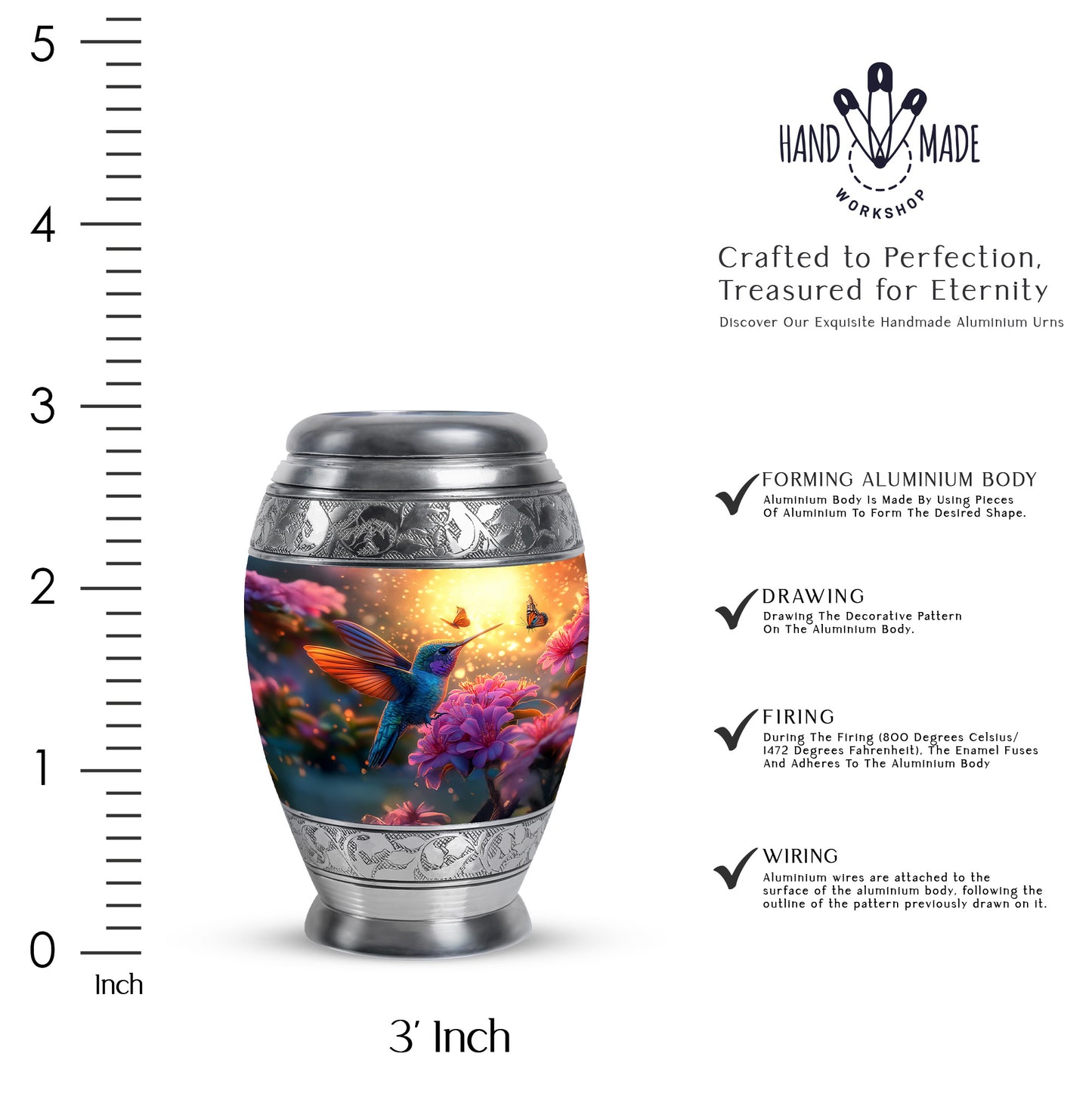 Champagne Gold Hummingbird Cremation Urn lifestyle display on memorial shelf - ornate monarch-style hummingbird relief on brushed aluminum - mini keepsake memorial for portion of cremation ashes