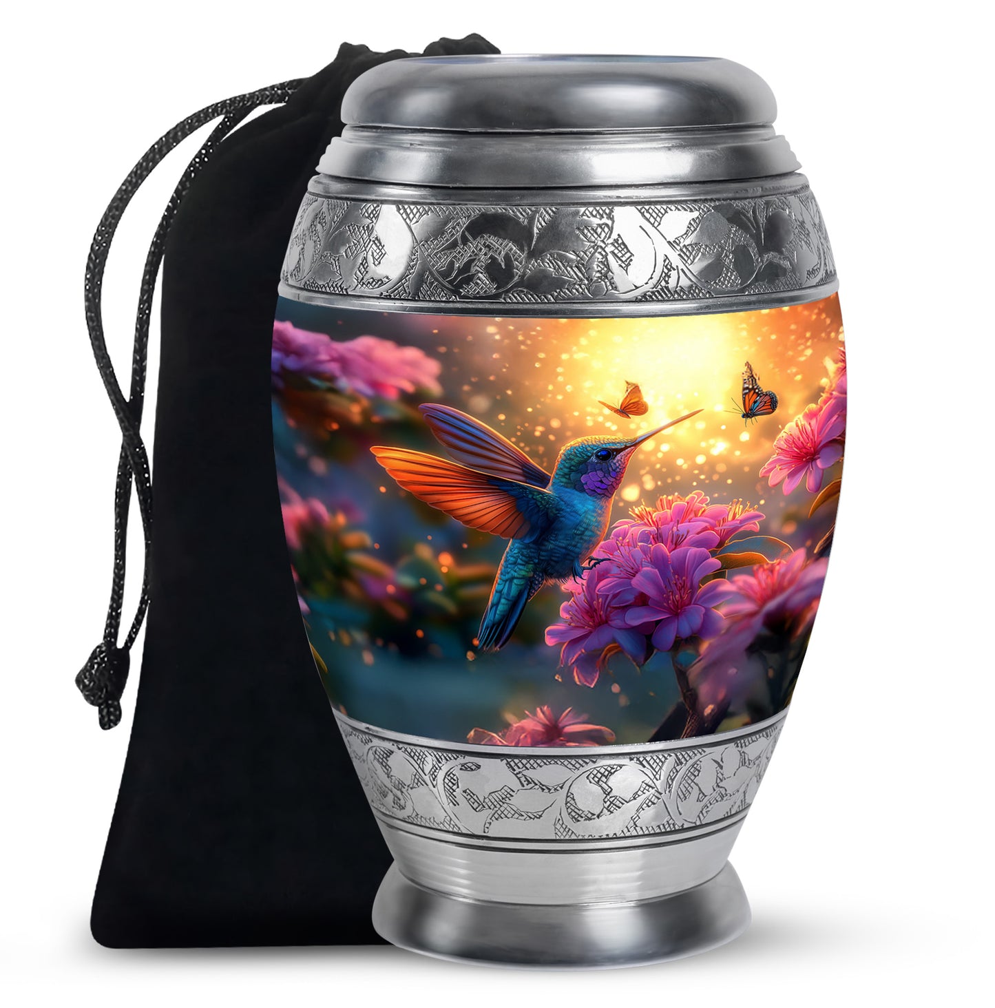 Antique Gold Hummingbird Cremation Urn back view with polished surface - regal hummingbird design with crown-inspired accents - full-size 10 inch 200 cubic inch adult cremation urn