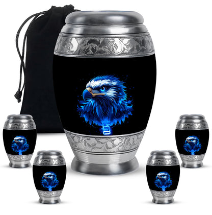 Ebony Eagle Cremation Urn detail view - regal eagle design with crown-inspired accents - memorial set with one large and four small urns