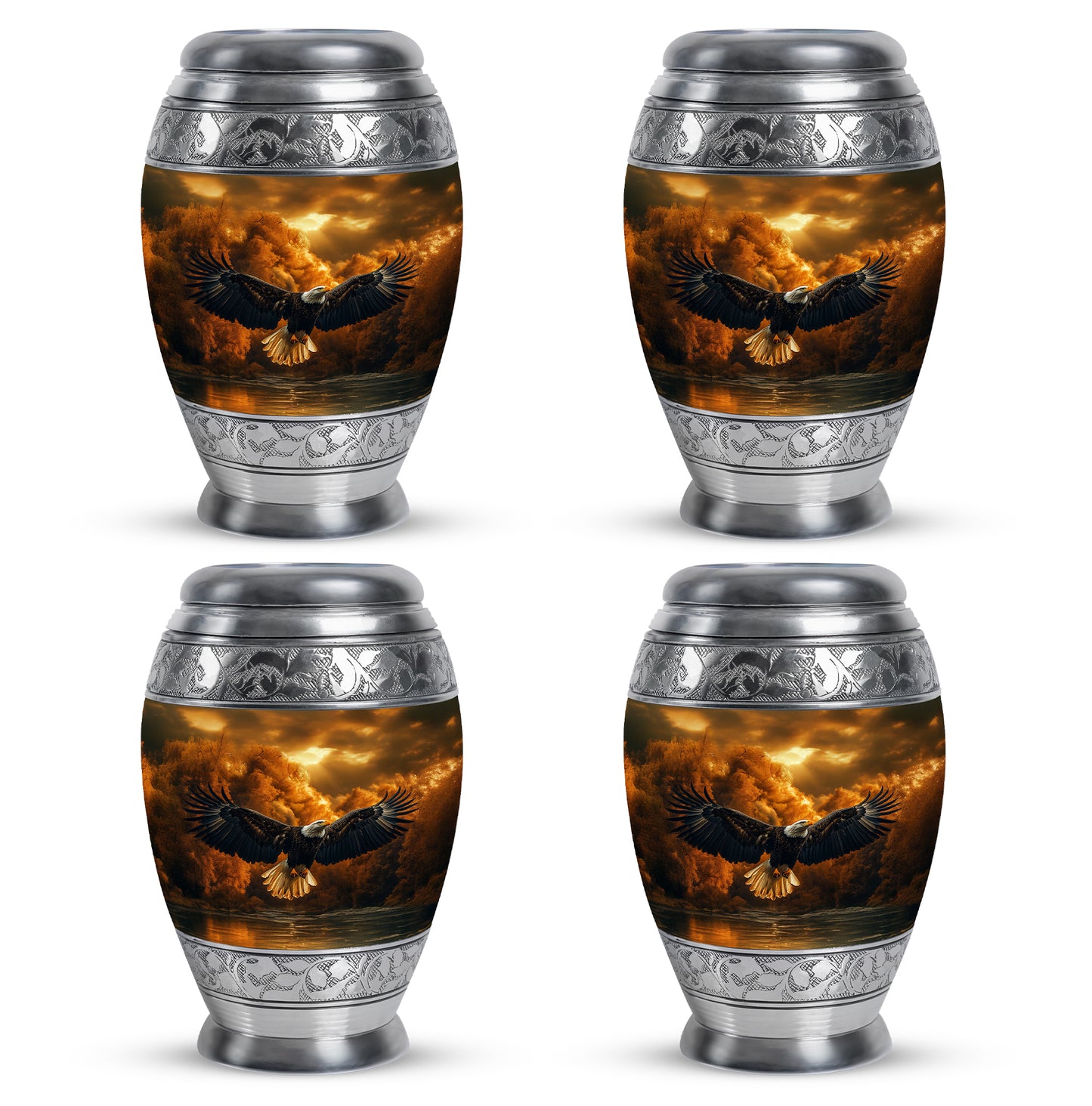 Matte Gold Eagle Cremation Urn urn with complimentary velvet bag - royal eagle engraving with decorative scrollwork - 10 inch aluminum urn for cremated remains