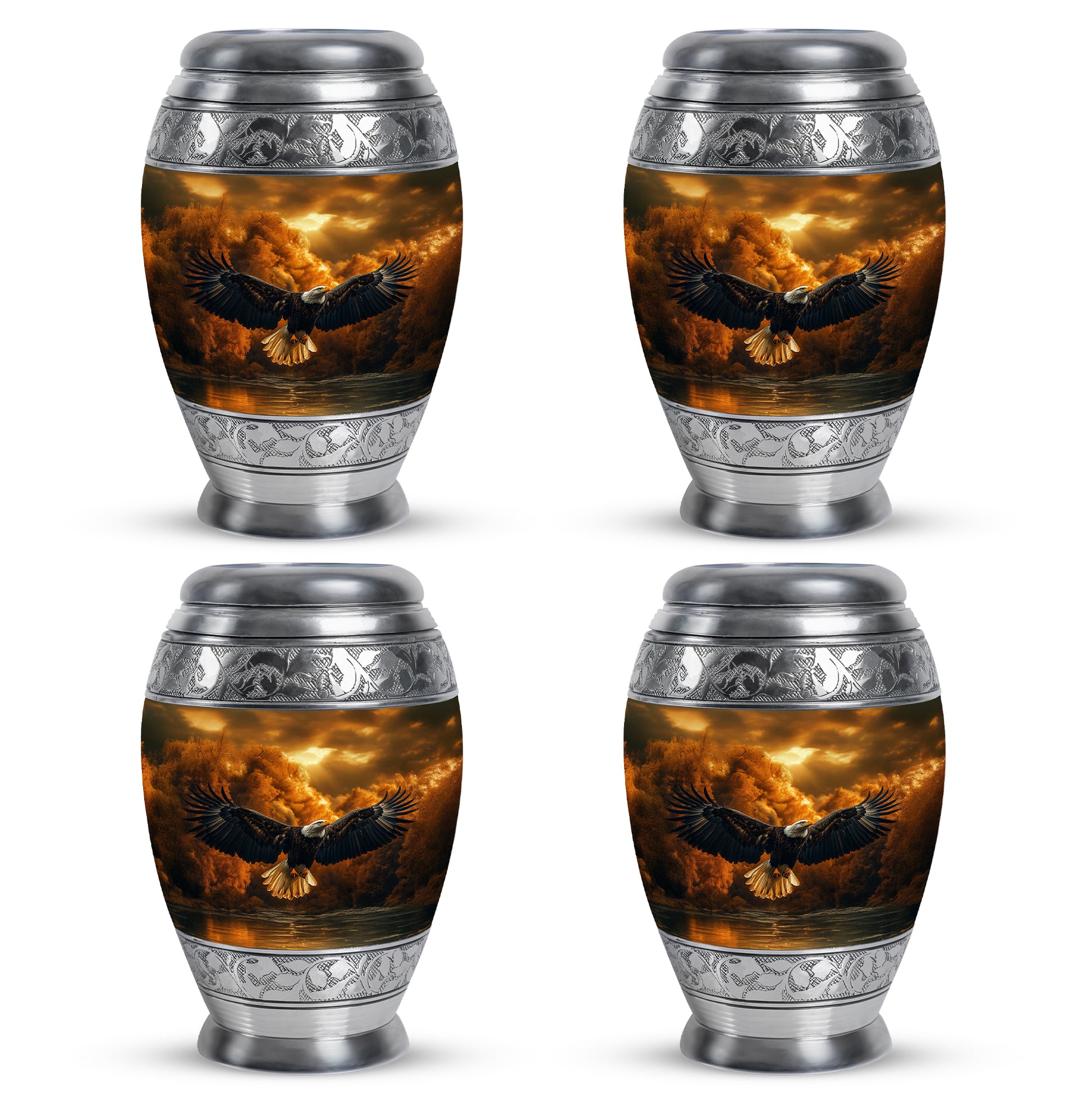 Matte Gold Eagle Cremation Urn urn with complimentary velvet bag - royal eagle engraving with decorative scrollwork - 10 inch aluminum urn for cremated remains