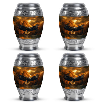 Matte Gold Eagle Cremation Urn urn with complimentary velvet bag - royal eagle engraving with decorative scrollwork - 10 inch aluminum urn for cremated remains
