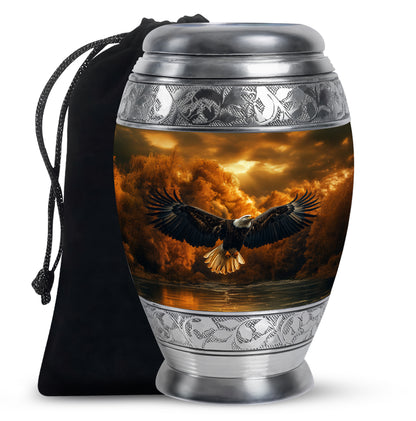Antique Gold Eagle Cremation Urn back view with polished surface - ornate monarch-style eagle relief on brushed aluminum - full-size 10 inch 200 cubic inch adult cremation urn