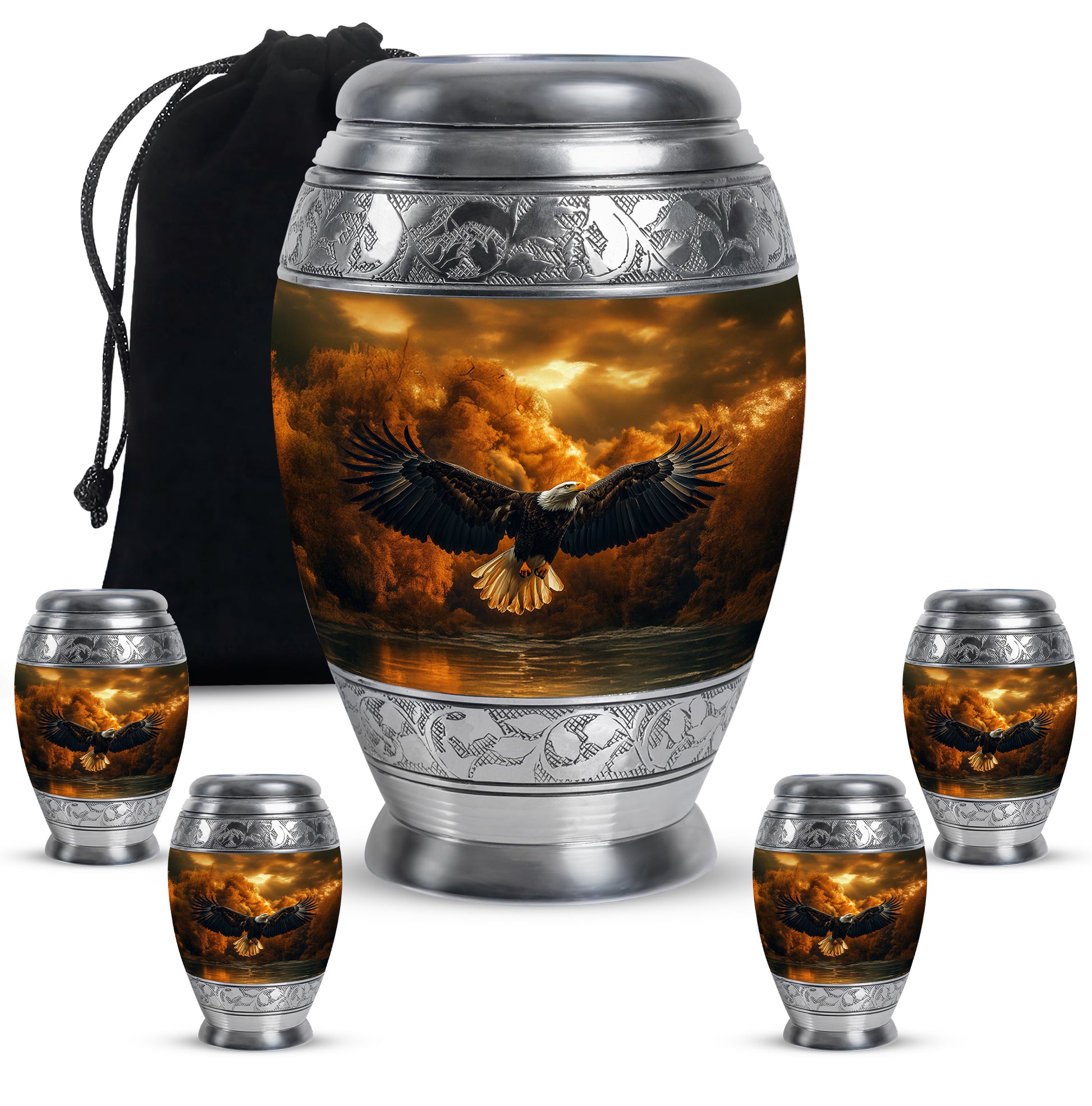Warm Gold Eagle Cremation Urn detail view - royal eagle engraving with decorative scrollwork - memorial set with one large and four small urns