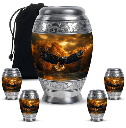 Warm Gold Eagle Cremation Urn detail view - royal eagle engraving with decorative scrollwork - memorial set with one large and four small urns