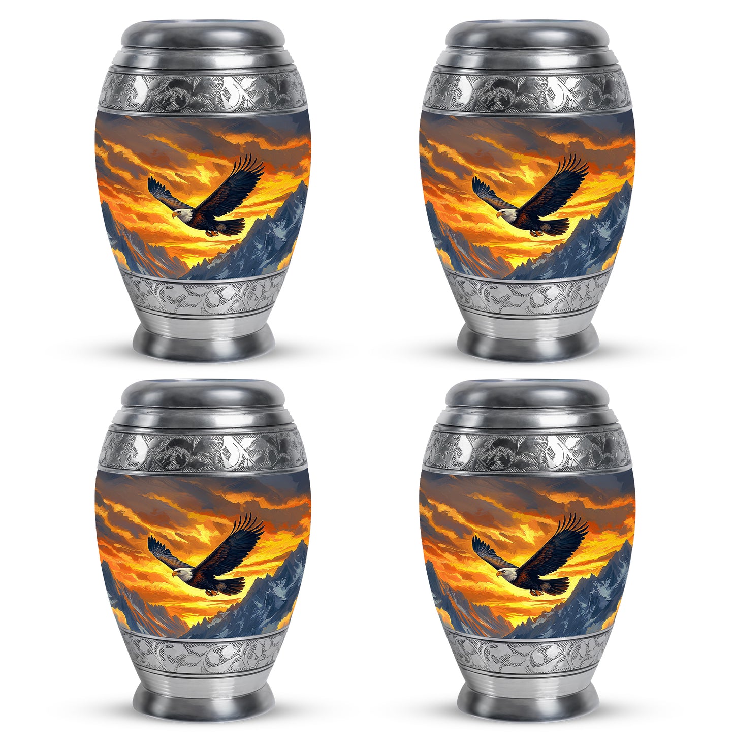 Amber Gold Eagle Cremation Urn urn with complimentary velvet bag - ornate monarch-style eagle relief on brushed aluminum - 10 inch aluminum urn for cremated remains