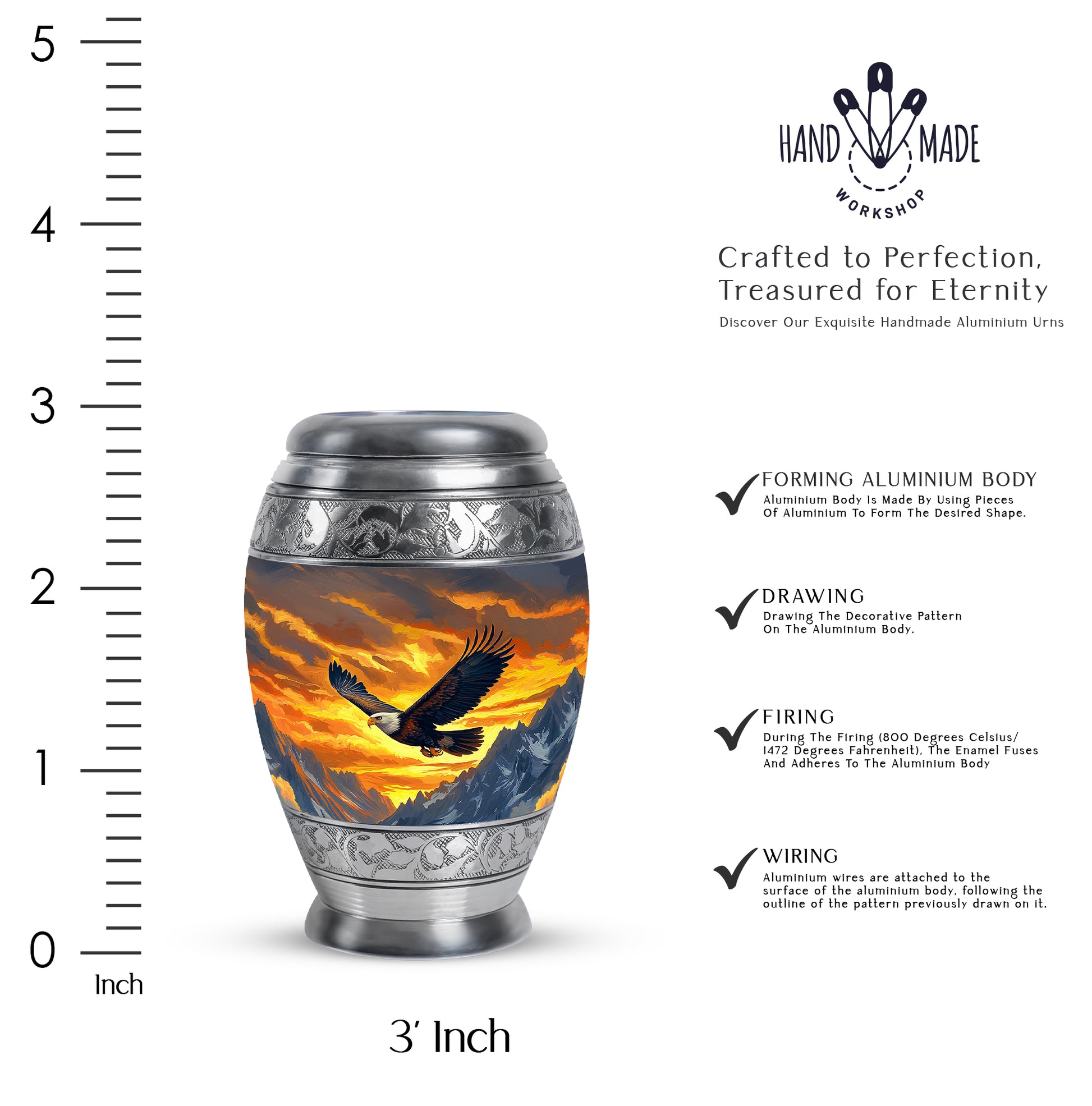 Warm Gold Eagle Cremation Urn lifestyle display on memorial shelf - royal eagle engraving with decorative scrollwork - mini keepsake memorial for portion of cremation ashes