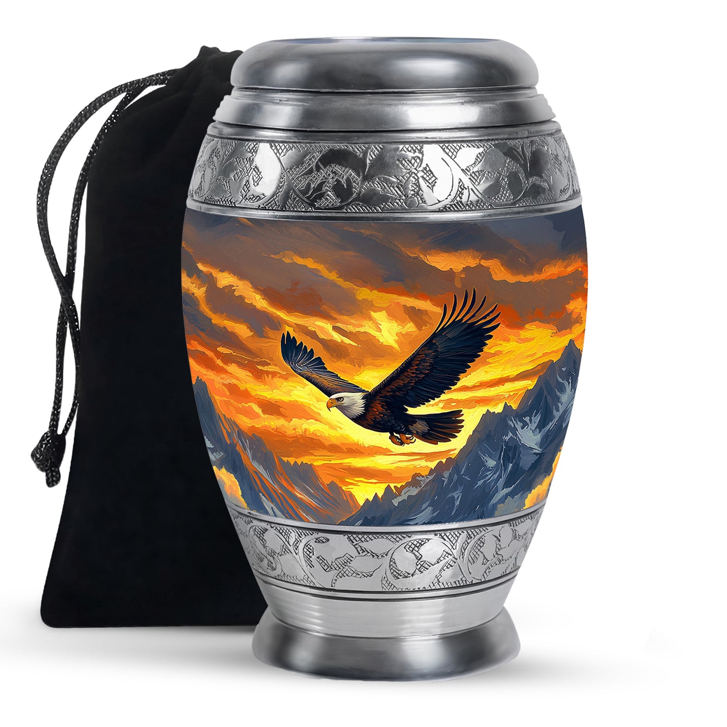 Champagne Gold Eagle Cremation Urn back view with polished surface - regal eagle design with crown-inspired accents - full-size 10 inch 200 cubic inch adult cremation urn