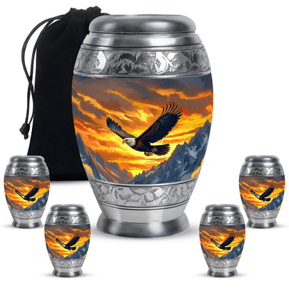 Matte Gold Eagle Cremation Urn detail view - royal eagle engraving with decorative scrollwork - memorial set with one large and four small urns