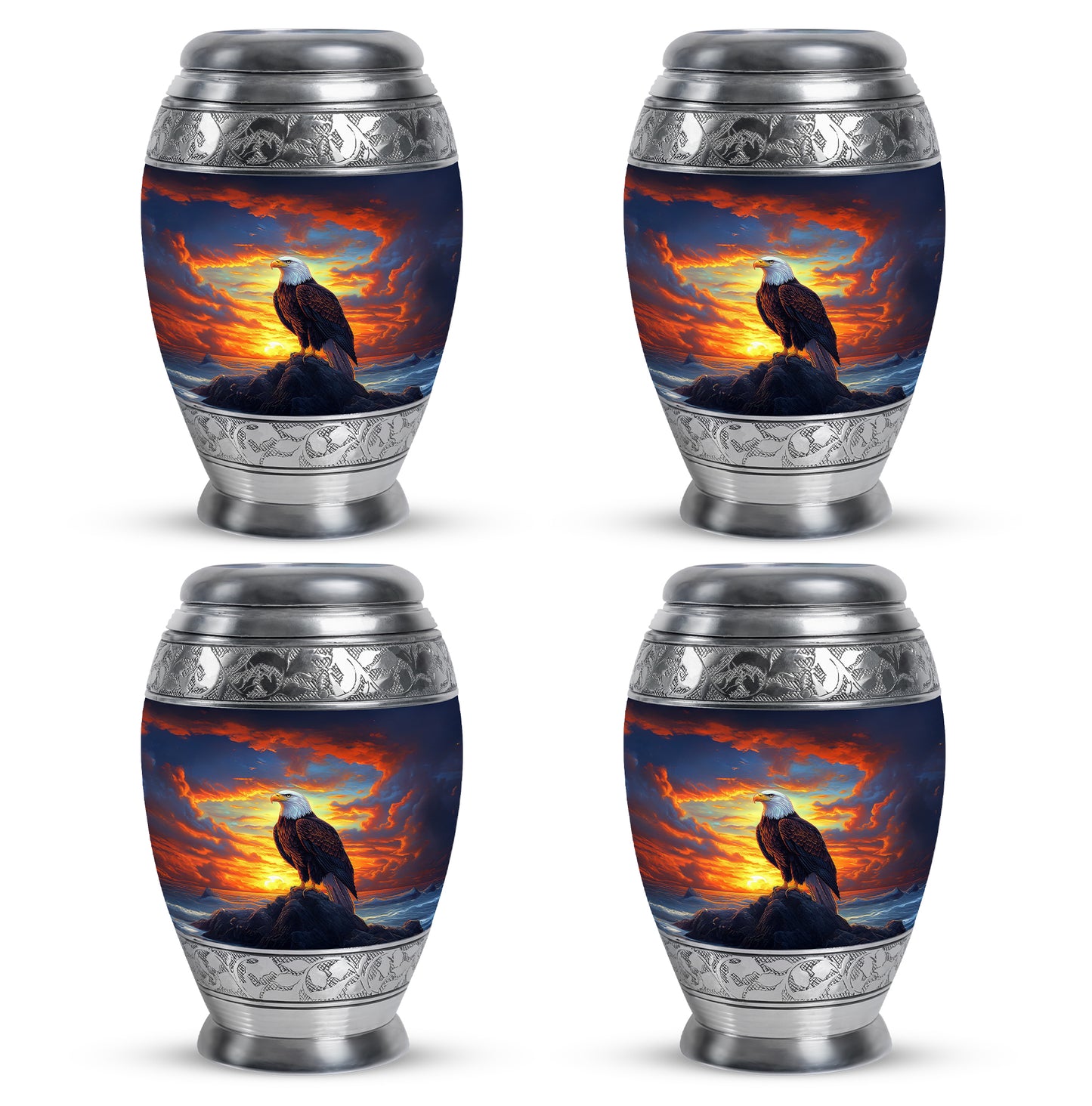 Sapphire Blue Eagle Cremation Urn urn with complimentary velvet bag - majestic eagle pattern with filigree border - 10 inch aluminum urn for cremated remains