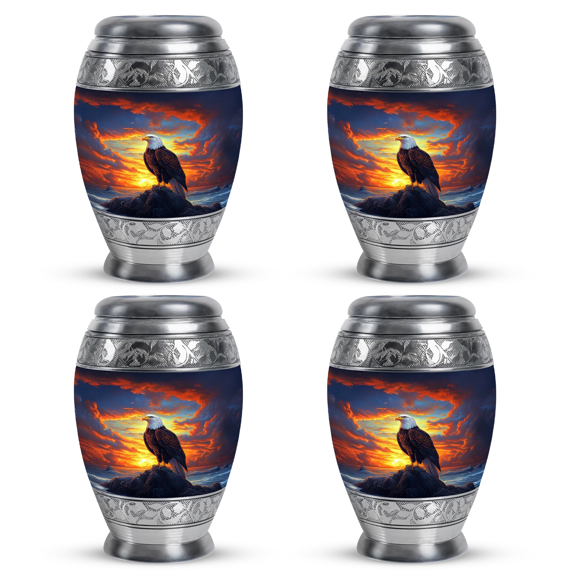 Sapphire Blue Eagle Cremation Urn urn with complimentary velvet bag - majestic eagle pattern with filigree border - 10 inch aluminum urn for cremated remains