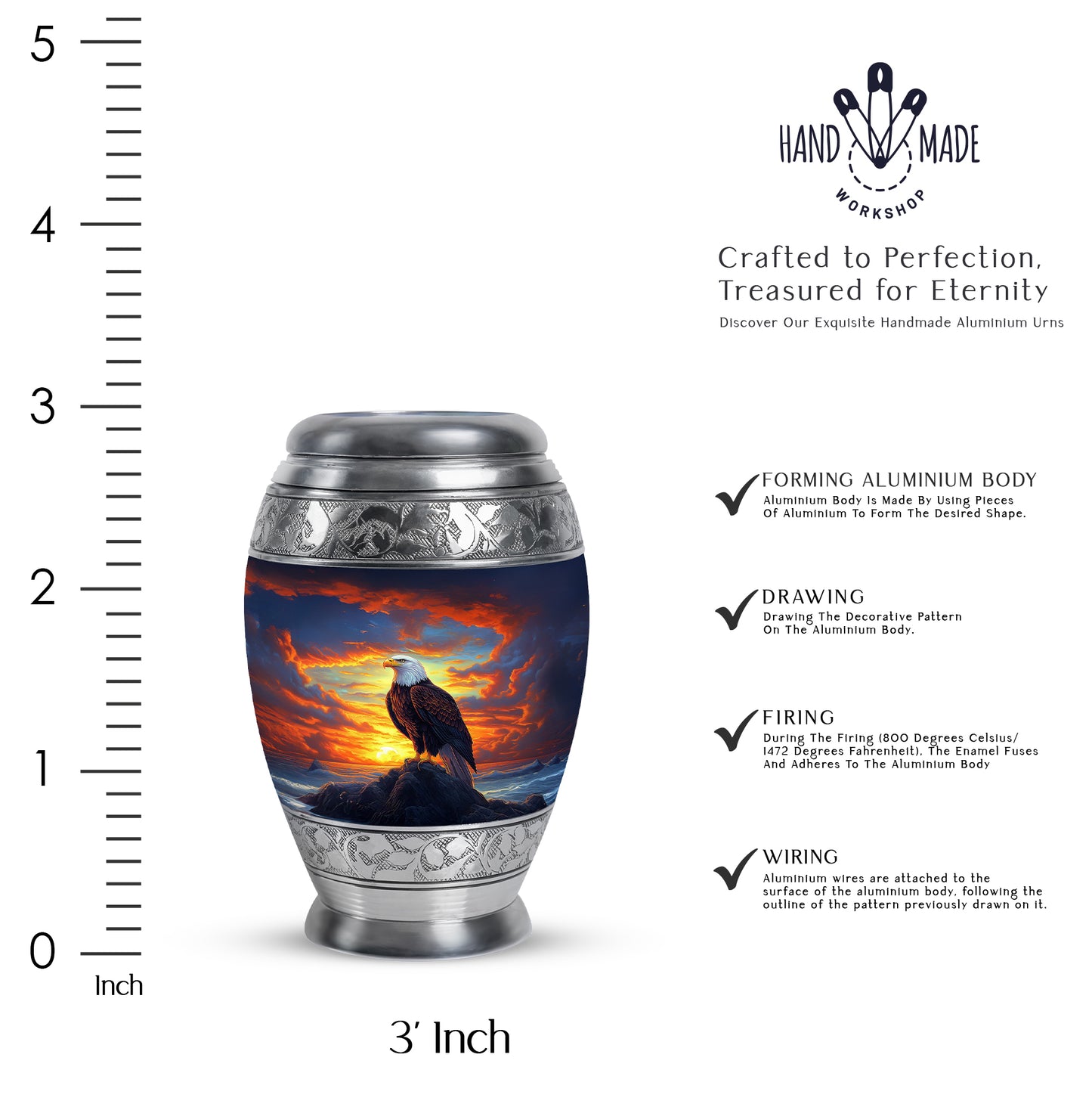 Misty Blue Eagle Cremation Urn lifestyle display on memorial shelf - ornate monarch-style eagle relief on brushed aluminum - mini keepsake memorial for portion of cremation ashes