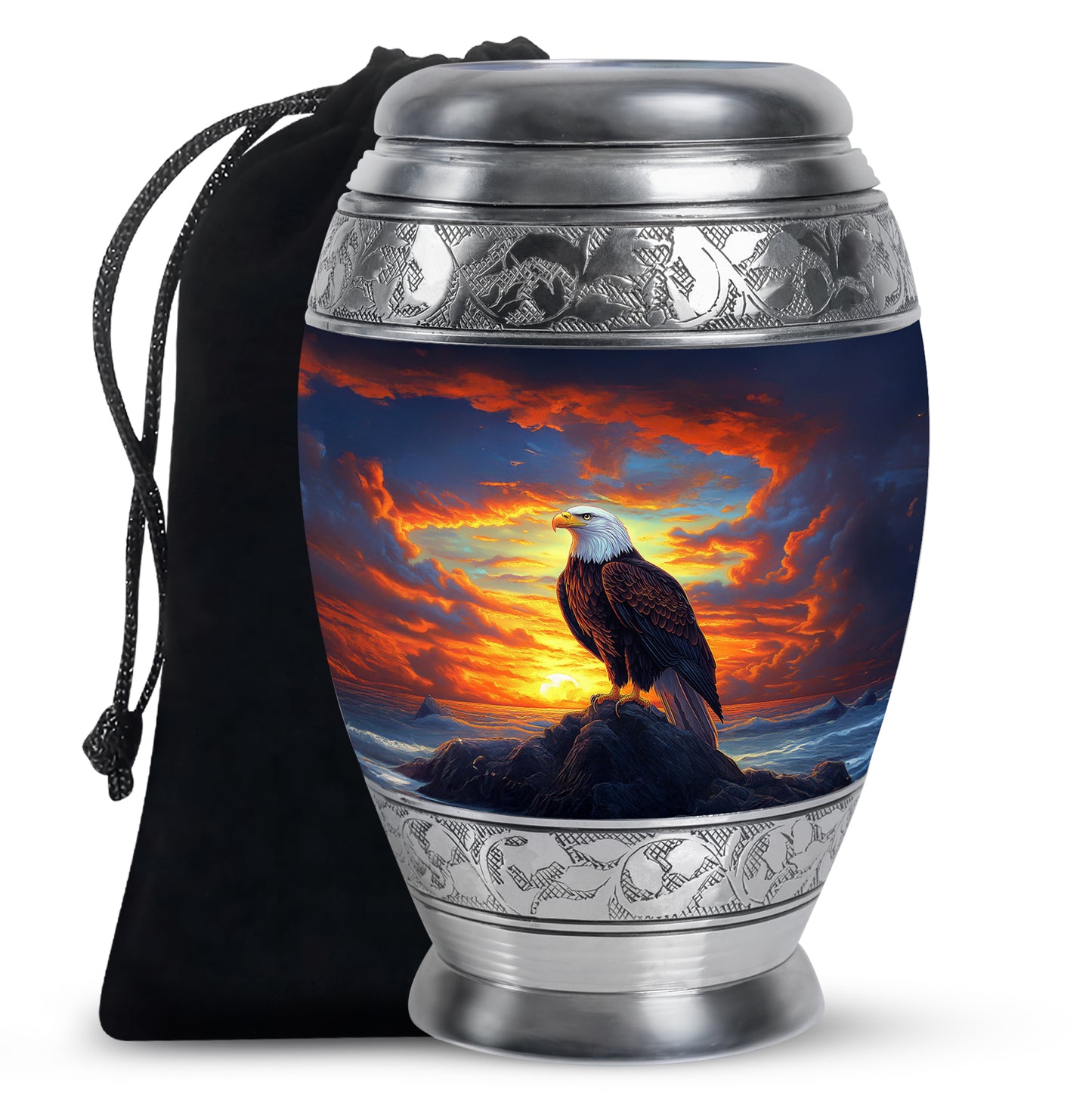 Slate Blue Eagle Cremation Urn back view with polished surface - ornate monarch-style eagle relief on brushed aluminum - full-size 10 inch 200 cubic inch adult cremation urn