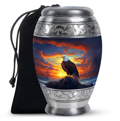 Slate Blue Eagle Cremation Urn back view with polished surface - ornate monarch-style eagle relief on brushed aluminum - full-size 10 inch 200 cubic inch adult cremation urn
