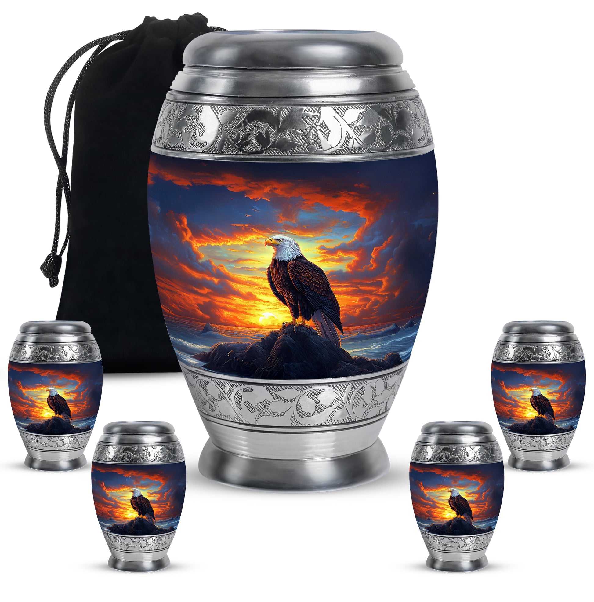 Celestial Blue Eagle Cremation Urn detail view - ornate monarch-style eagle relief on brushed aluminum - memorial set with one large and four small urns