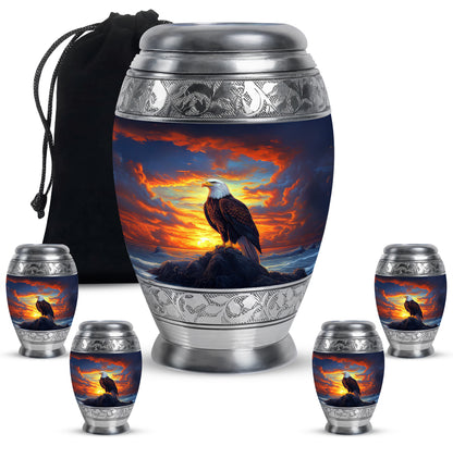 Celestial Blue Eagle Cremation Urn detail view - ornate monarch-style eagle relief on brushed aluminum - memorial set with one large and four small urns