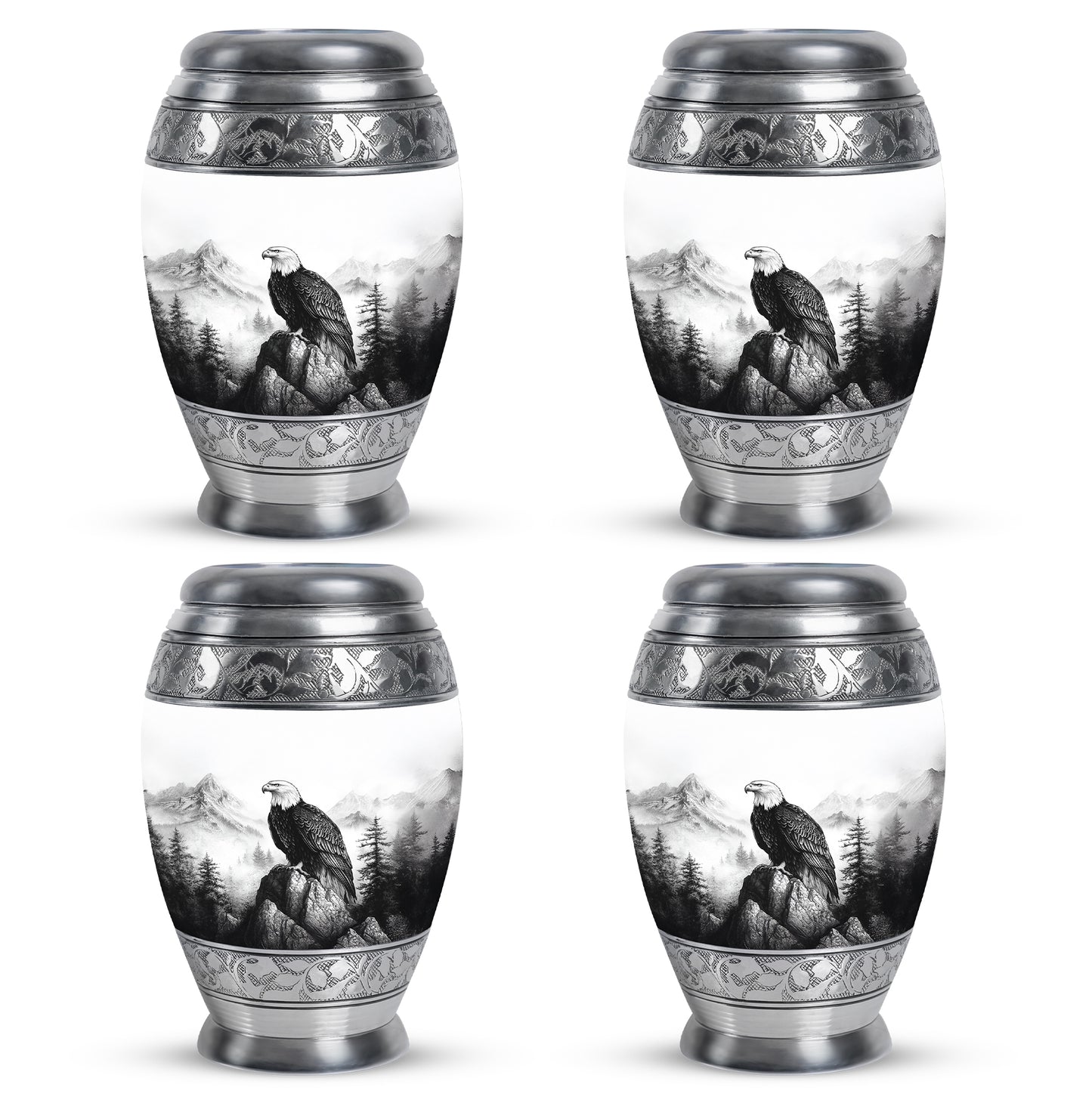 Polished Silver Eagle Cremation Urn urn with complimentary velvet bag - royal eagle engraving with decorative scrollwork - 10 inch aluminum urn for cremated remains