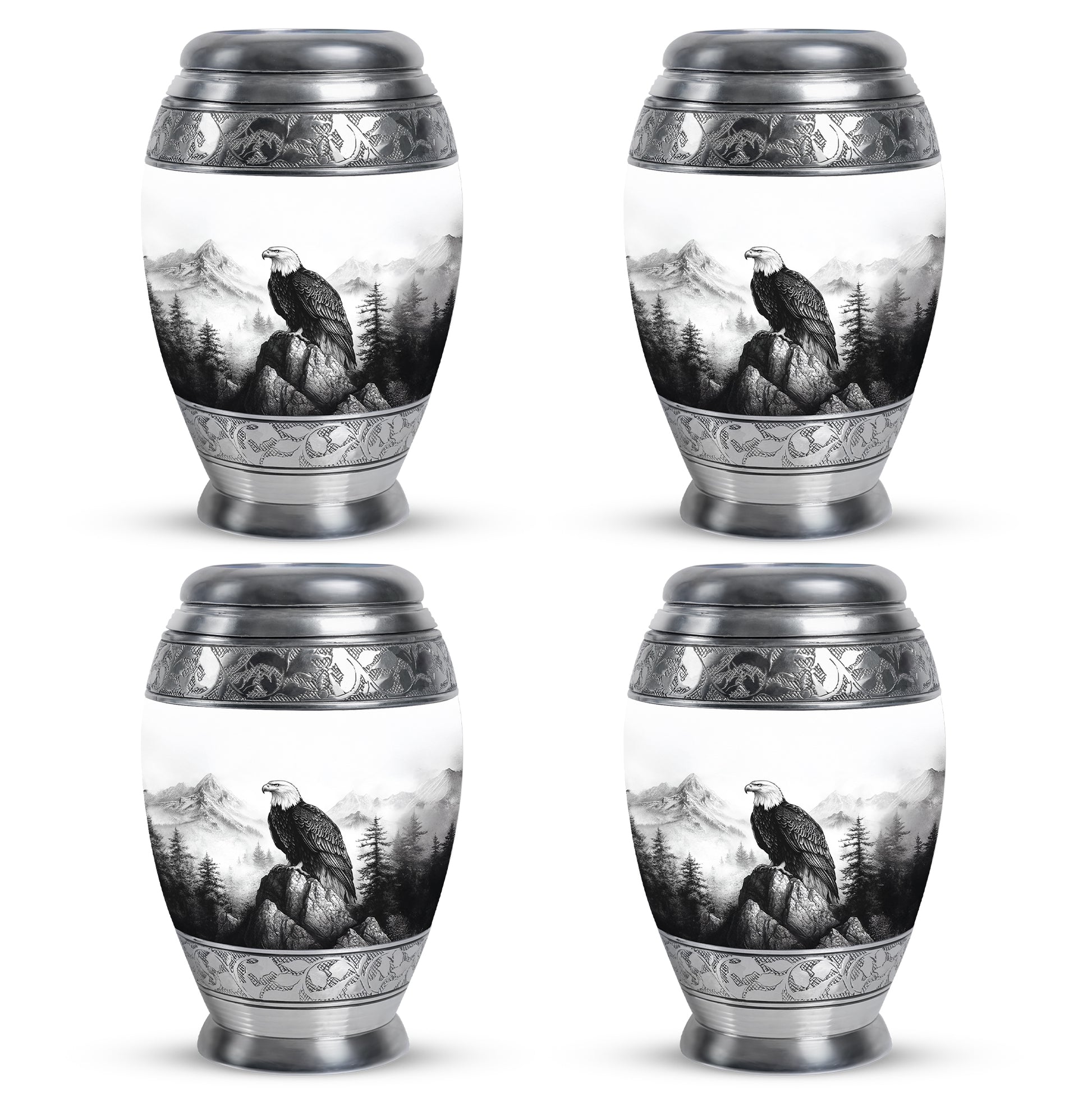 Polished Silver Eagle Cremation Urn urn with complimentary velvet bag - royal eagle engraving with decorative scrollwork - 10 inch aluminum urn for cremated remains