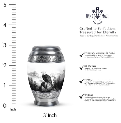 Brushed Silver Eagle Cremation Urn lifestyle display on memorial shelf - regal eagle design with crown-inspired accents - mini keepsake memorial for portion of cremation ashes