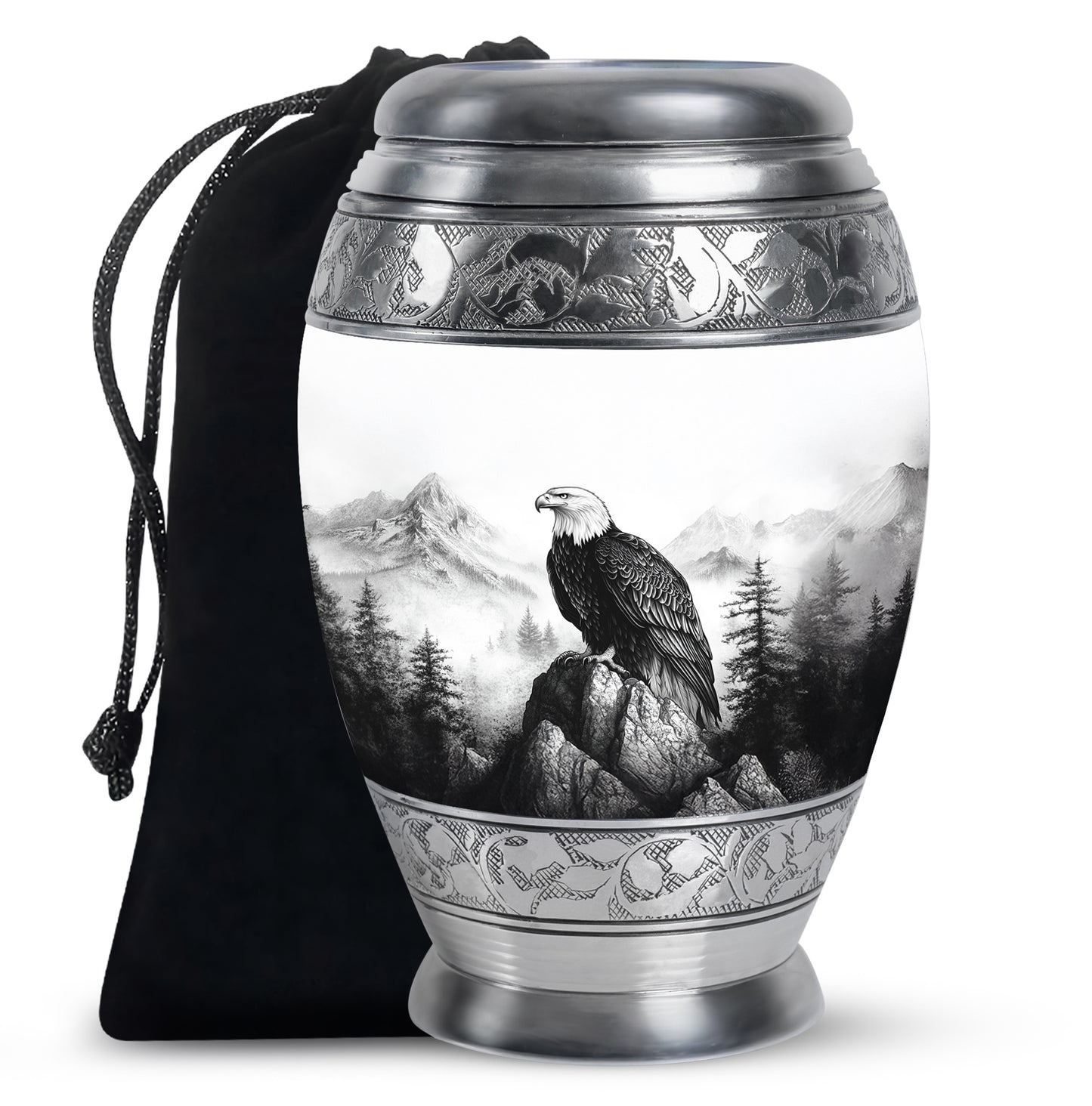 Frosted Silver Eagle Cremation Urn back view with polished surface - royal eagle engraving with decorative scrollwork - full-size 10 inch 200 cubic inch adult cremation urn