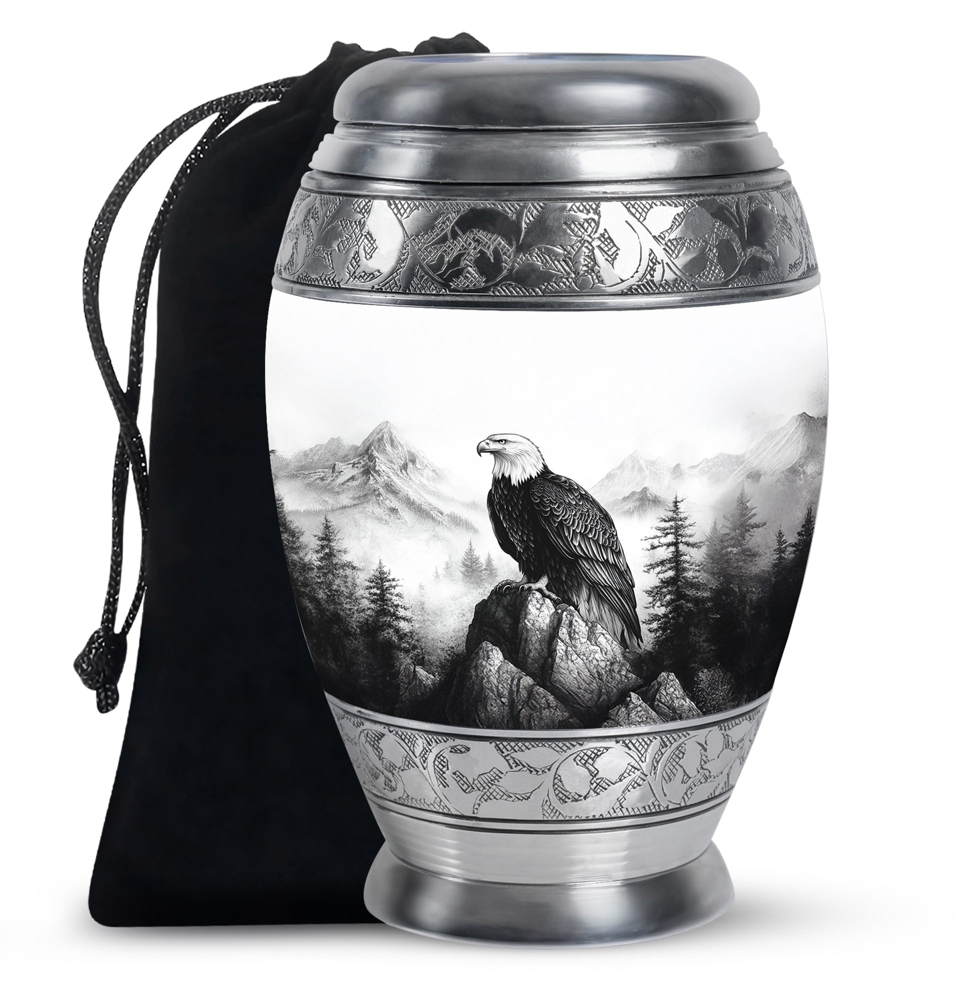 Frosted Silver Eagle Cremation Urn back view with polished surface - royal eagle engraving with decorative scrollwork - full-size 10 inch 200 cubic inch adult cremation urn