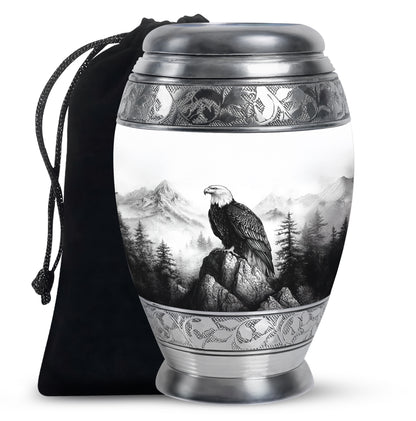 Frosted Silver Eagle Cremation Urn back view with polished surface - royal eagle engraving with decorative scrollwork - full-size 10 inch 200 cubic inch adult cremation urn