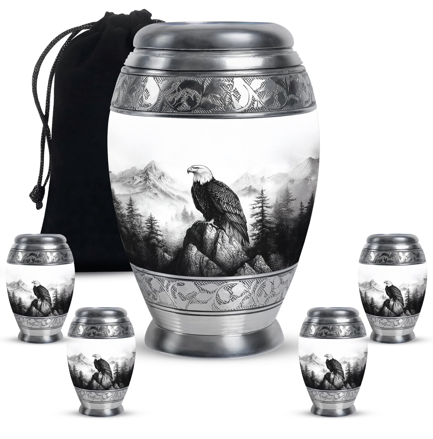 Antique Silver Eagle Cremation Urn detail view - majestic eagle pattern with filigree border - memorial set with one large and four small urns