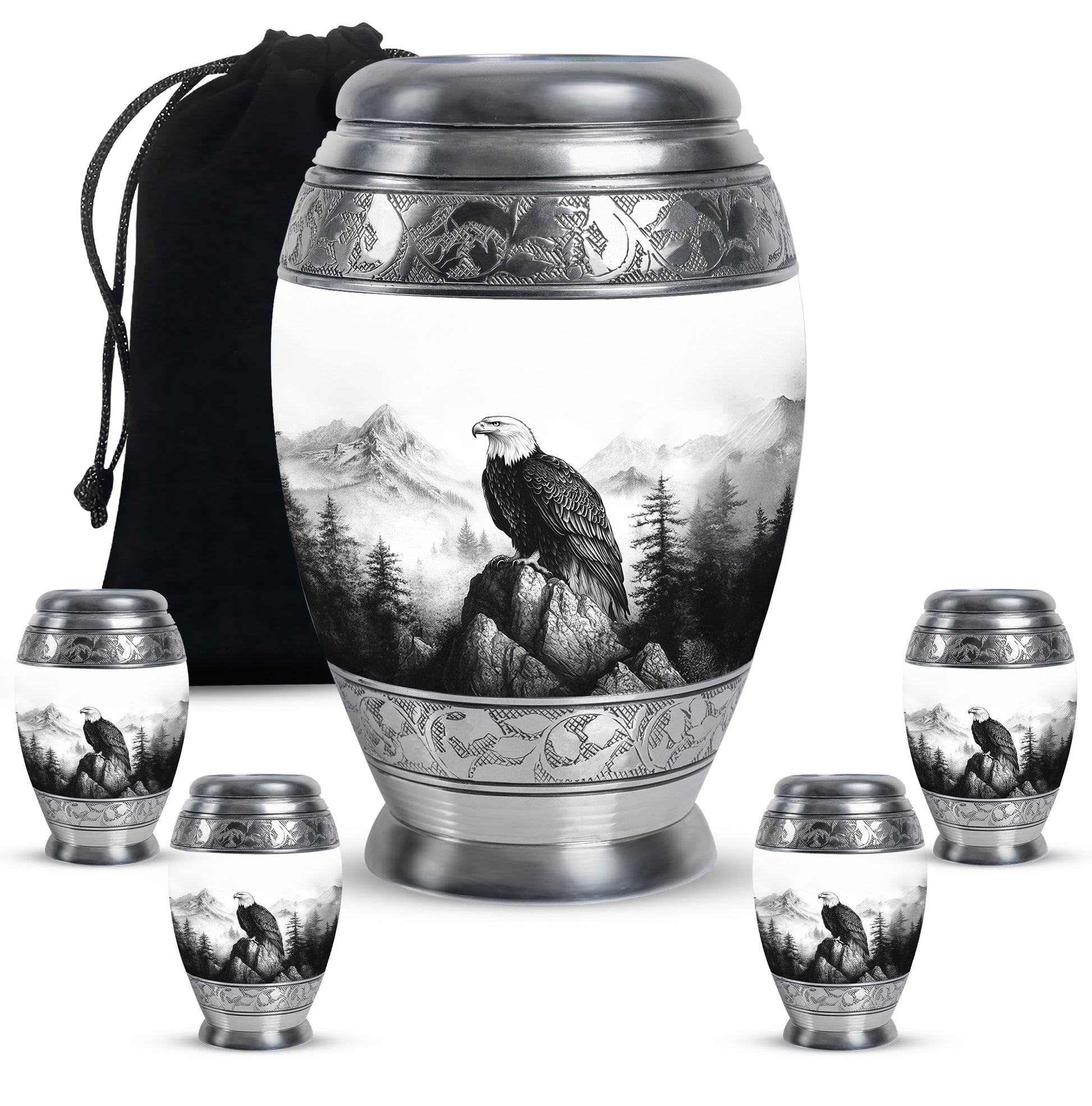 Antique Silver Eagle Cremation Urn detail view - majestic eagle pattern with filigree border - memorial set with one large and four small urns