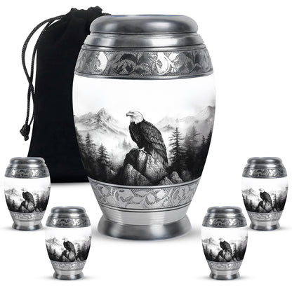 Antique Silver Eagle Cremation Urn detail view - majestic eagle pattern with filigree border - memorial set with one large and four small urns