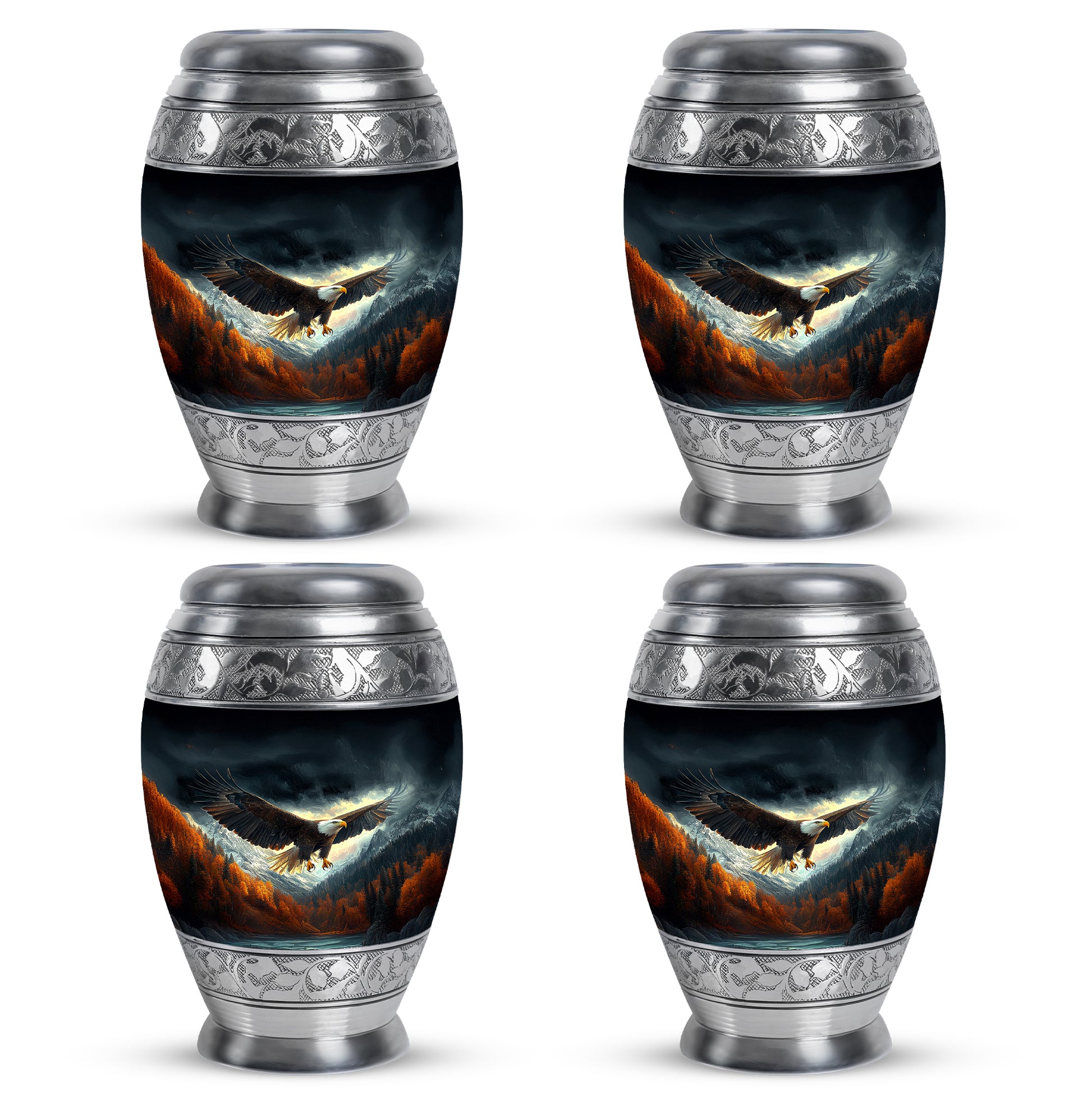 Midnight Black Eagle Cremation Urn urn with complimentary velvet bag - royal eagle engraving with decorative scrollwork - 10 inch aluminum urn for cremated remains