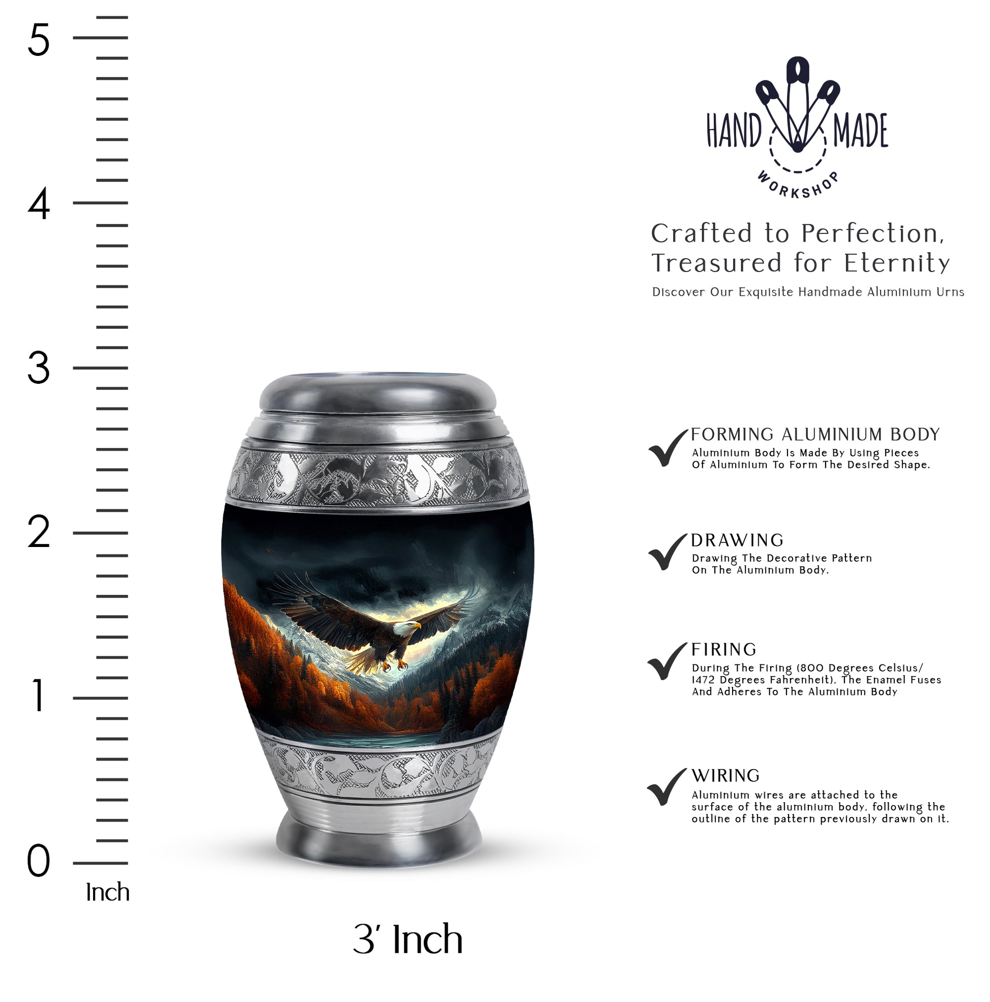 Charcoal Black Eagle Cremation Urn lifestyle display on memorial shelf - majestic eagle pattern with filigree border - mini keepsake memorial for portion of cremation ashes