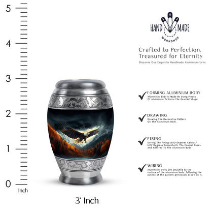 Charcoal Black Eagle Cremation Urn lifestyle display on memorial shelf - majestic eagle pattern with filigree border - mini keepsake memorial for portion of cremation ashes