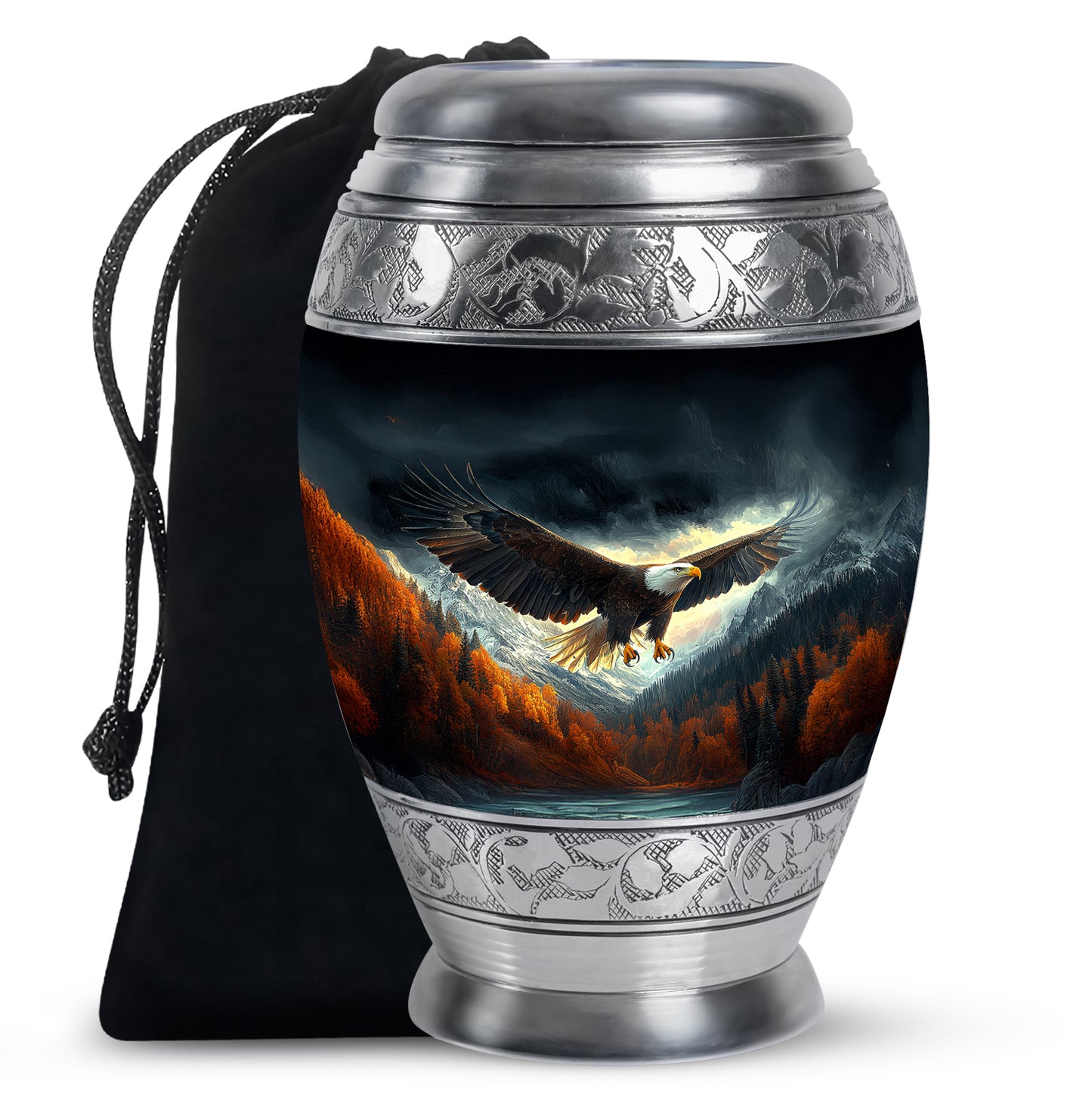Dark Black Eagle Cremation Urn back view with polished surface - royal eagle engraving with decorative scrollwork - full-size 10 inch 200 cubic inch adult cremation urn
