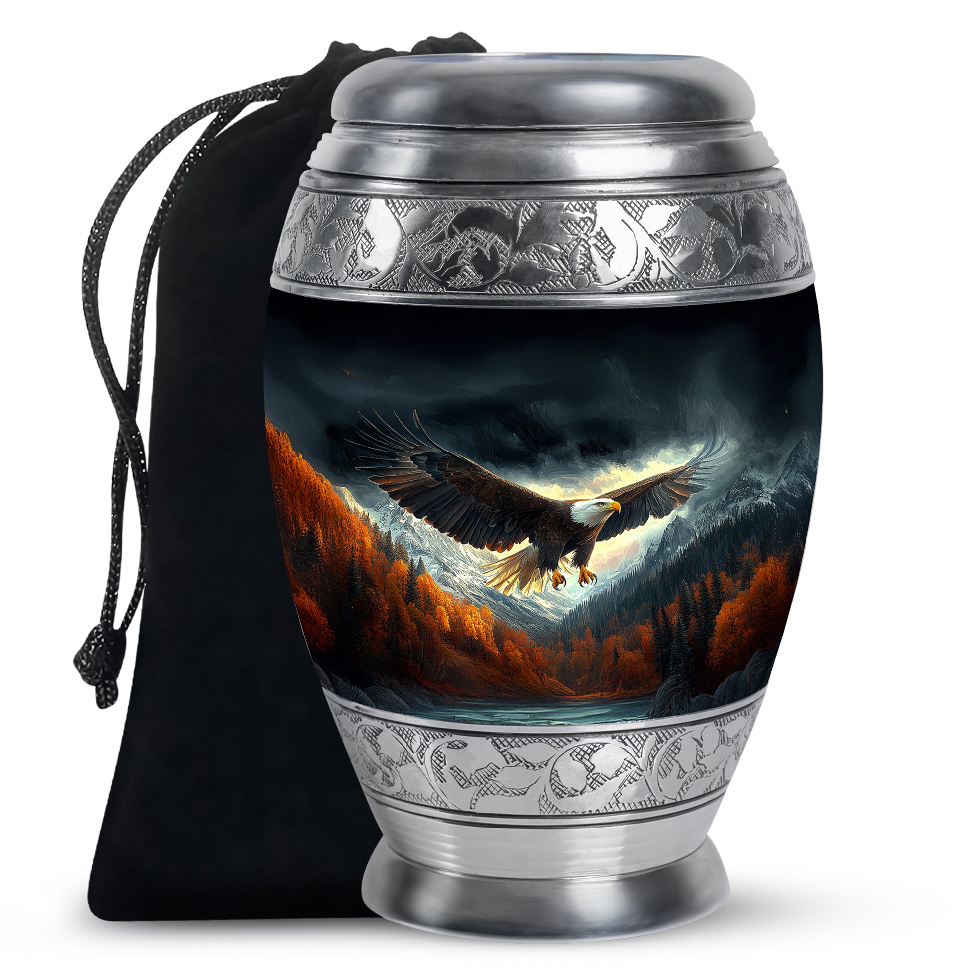 Dark Black Eagle Cremation Urn back view with polished surface - royal eagle engraving with decorative scrollwork - full-size 10 inch 200 cubic inch adult cremation urn
