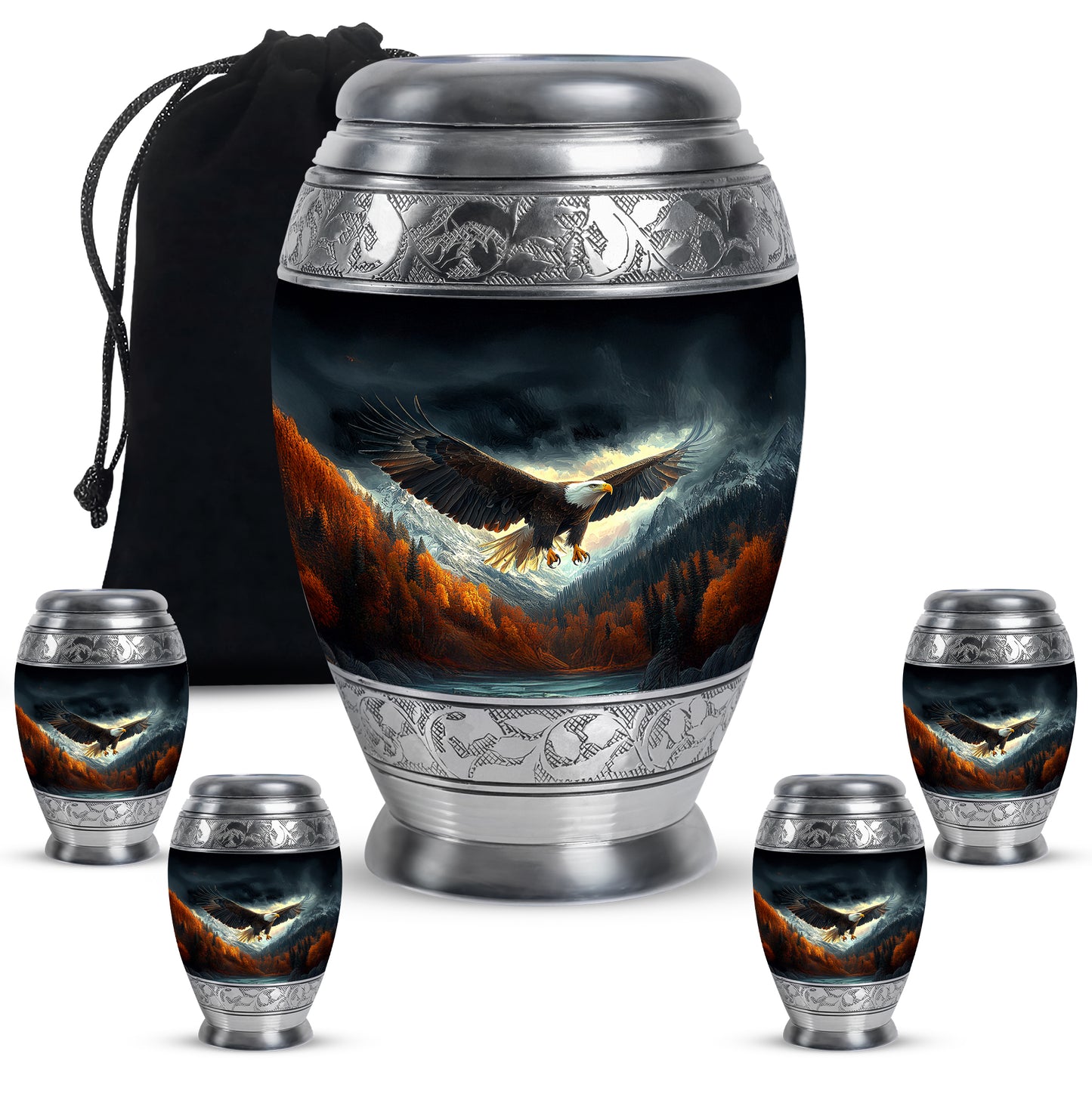 Jet Black Eagle Cremation Urn detail view - ornate monarch-style eagle relief on brushed aluminum - memorial set with one large and four small urns