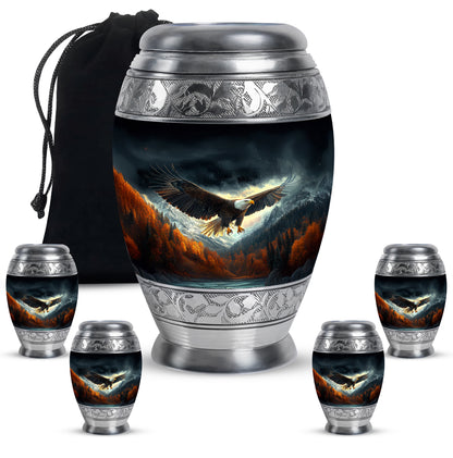 Jet Black Eagle Cremation Urn detail view - ornate monarch-style eagle relief on brushed aluminum - memorial set with one large and four small urns
