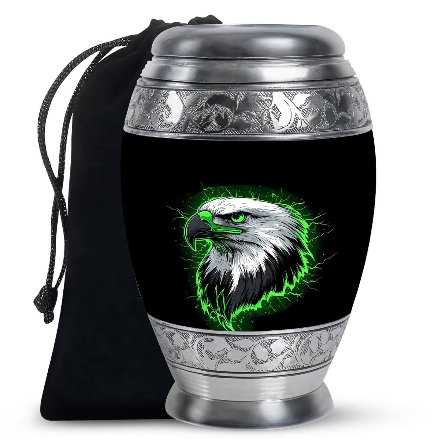 Onyx Black Eagle Cremation Urn back view with polished surface - majestic eagle pattern with filigree border - full-size 10 inch 200 cubic inch adult cremation urn