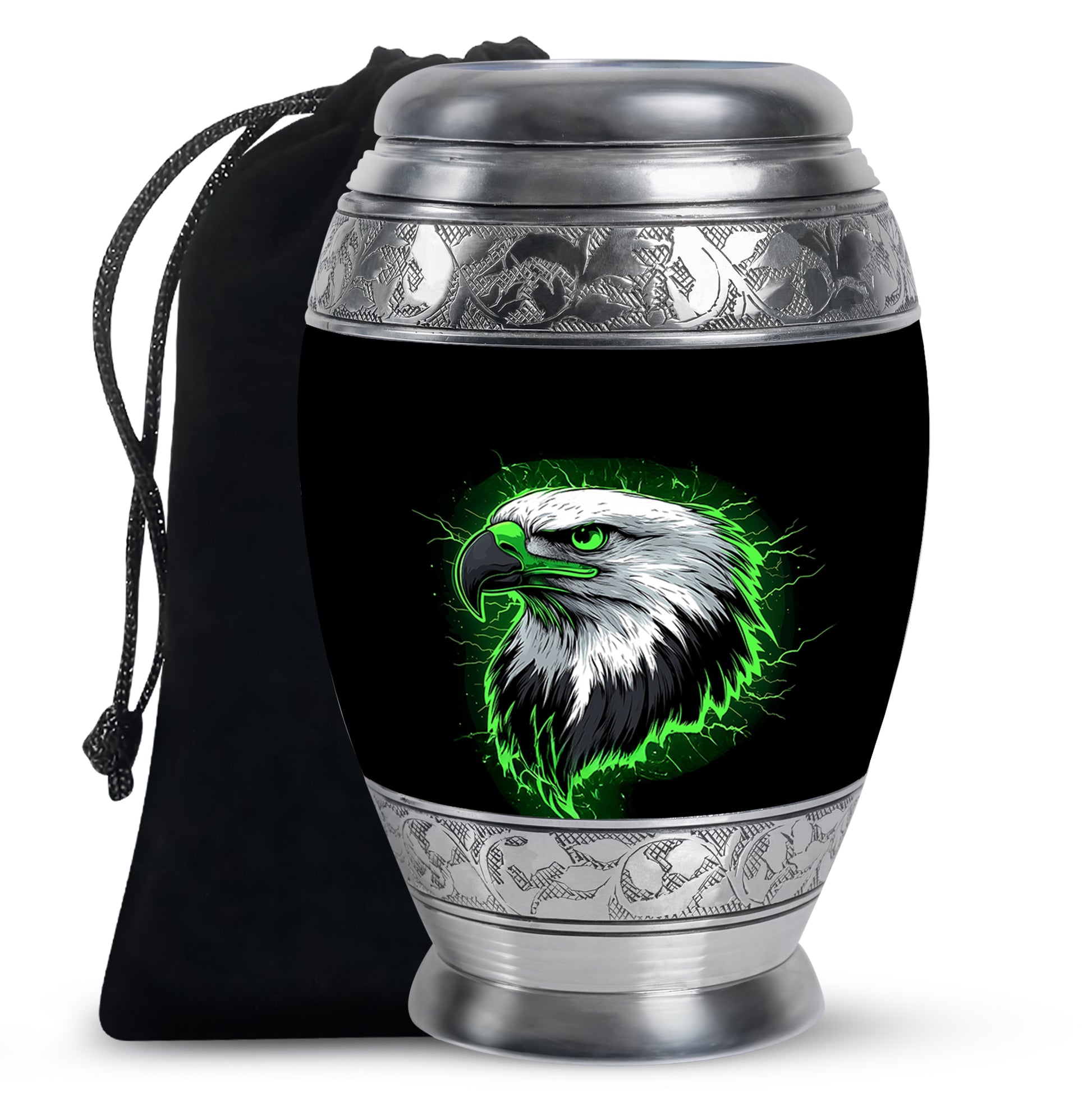 Onyx Black Eagle Cremation Urn back view with polished surface - majestic eagle pattern with filigree border - full-size 10 inch 200 cubic inch adult cremation urn
