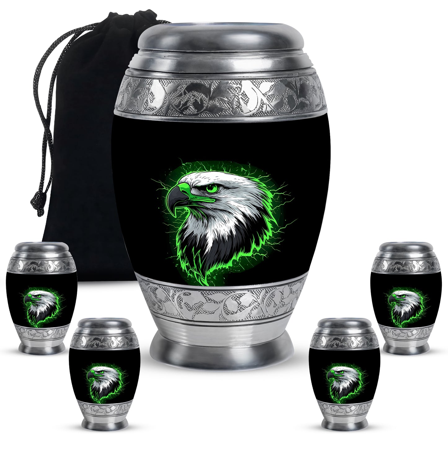 Charcoal Black Eagle Cremation Urn detail view - majestic eagle pattern with filigree border - memorial set with one large and four small urns