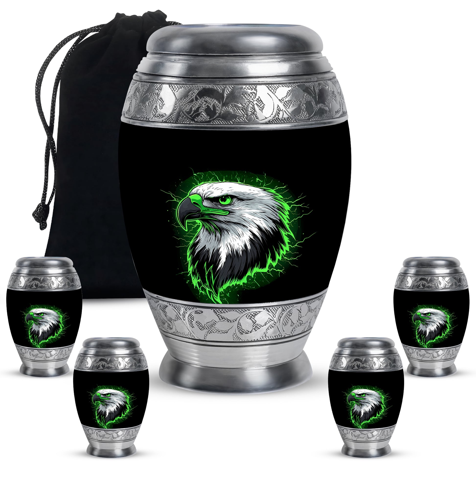 Charcoal Black Eagle Cremation Urn detail view - majestic eagle pattern with filigree border - memorial set with one large and four small urns