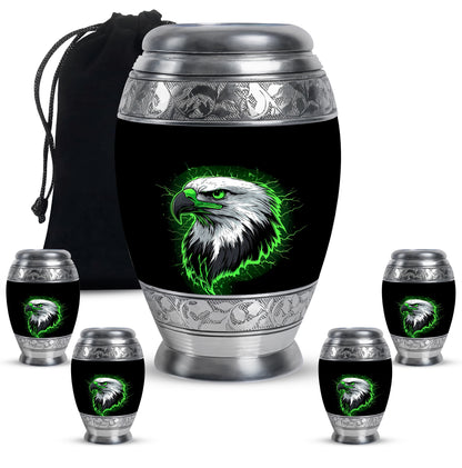 Charcoal Black Eagle Cremation Urn detail view - majestic eagle pattern with filigree border - memorial set with one large and four small urns
