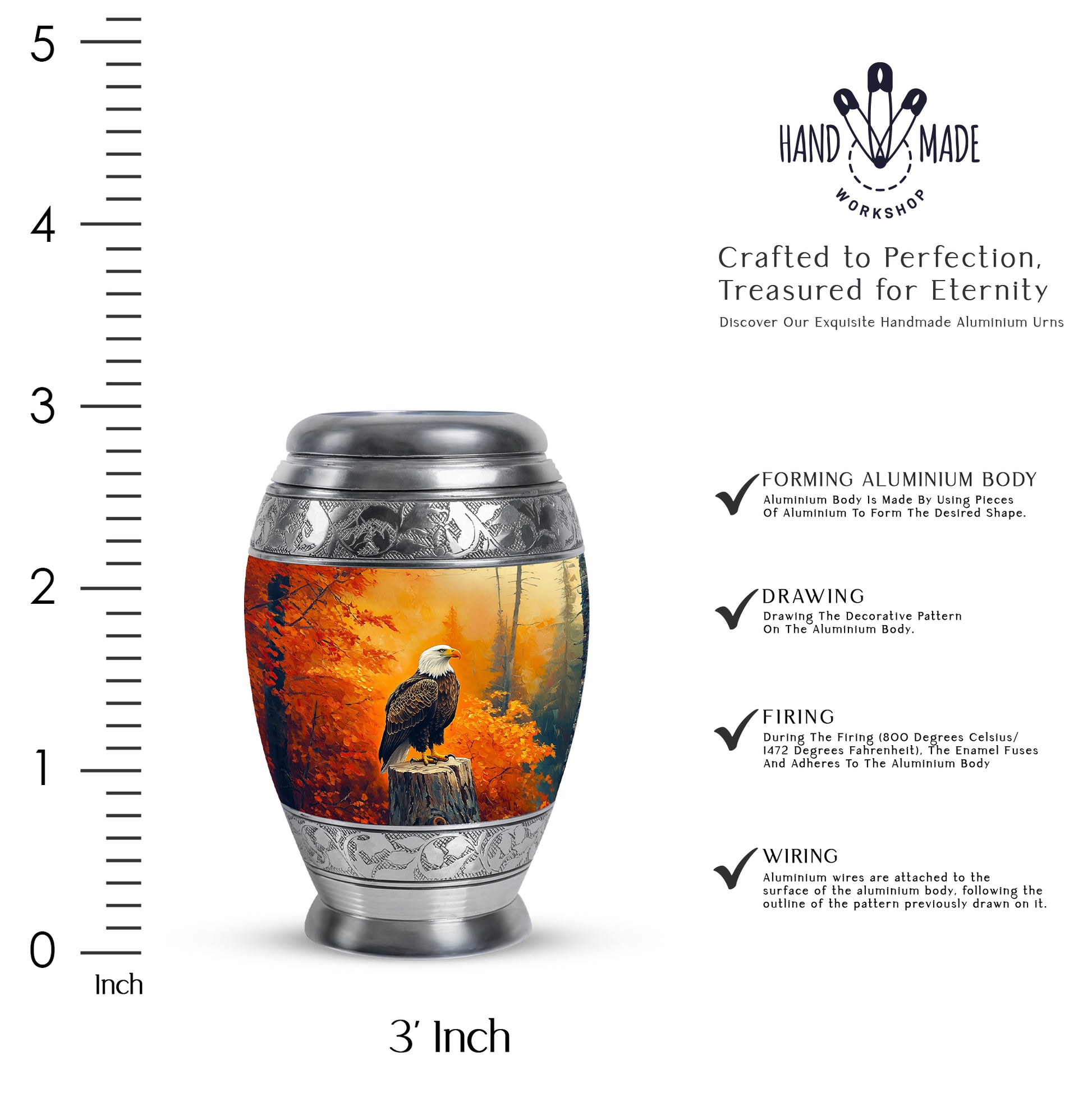 Harvest Gold Eagle Cremation Urn lifestyle display on memorial shelf - royal eagle engraving with decorative scrollwork - mini keepsake memorial for portion of cremation ashes