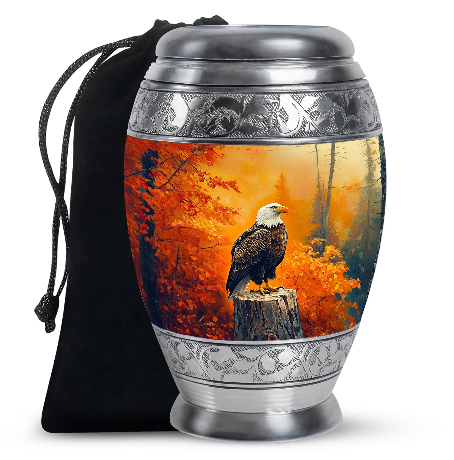 Sunrise Gold Eagle Cremation Urn back view with polished surface - ornate monarch-style eagle relief on brushed aluminum - full-size 10 inch 200 cubic inch adult cremation urn
